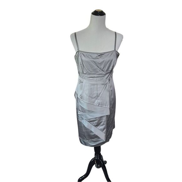 Ted Baker London Mini Sheath Dress Cocktail Silver Gray Satin Size 5 (XL) - Picture 1 of 11